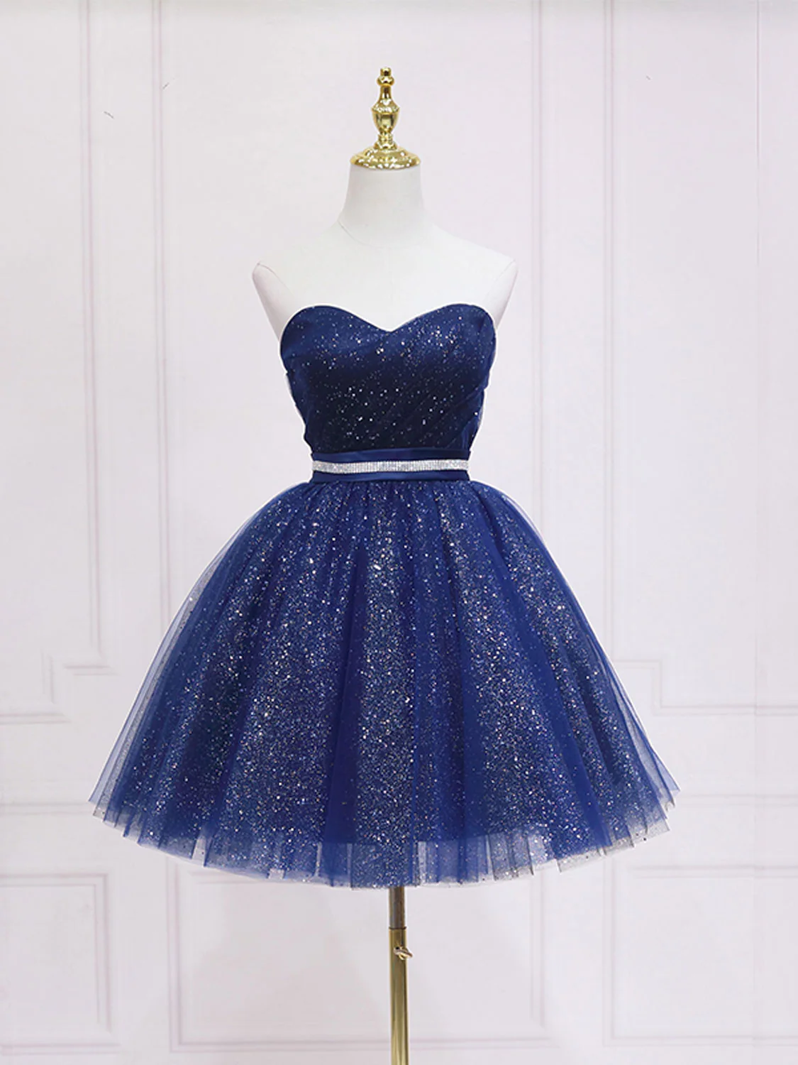 Dark Blue Sweetheart Neck Tulle Sequin Short Prom Dress Blue Puffy Homecoming Dress - Deanwangkt