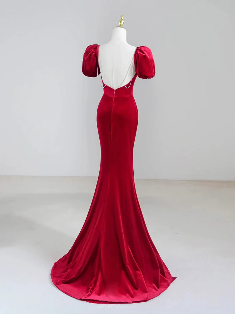 Simple Mermaid Velvet Backless Burgundy Long Prom Dress, Burgundy Party Dress - Deanwangkt