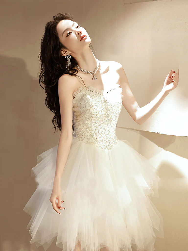 Beige Tulle Sequin Short Prom Dress, Beige Homecoming Dress - Deanwangkt