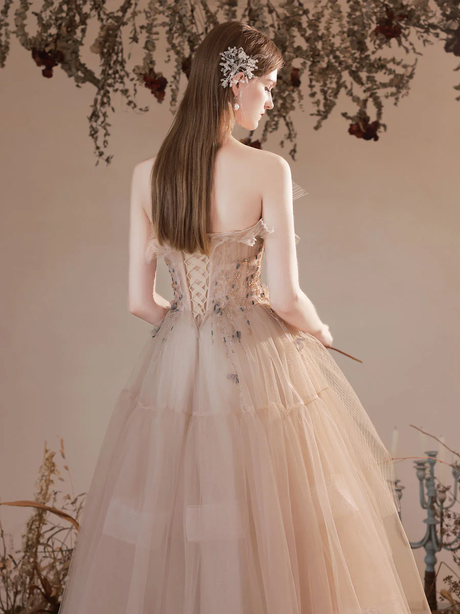Champagne Tulle Long Prom Dress, Champagne A line Formal Dresses - Deanwangkt