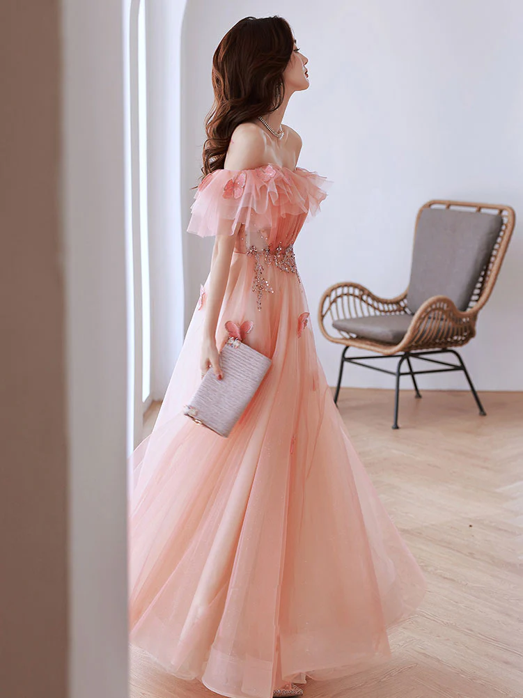 Pink Off Shoulder Tulle Long Prom Dress, Pink Tulle Formal Dress - Deanwangkt