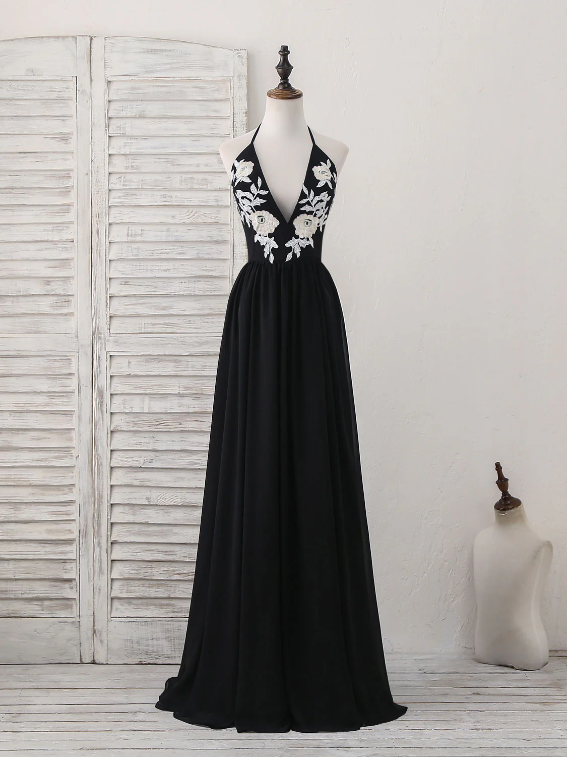 Black V Neck Chiffon Lace Long Prom Dress Black Evening Dress - Deanwangkt