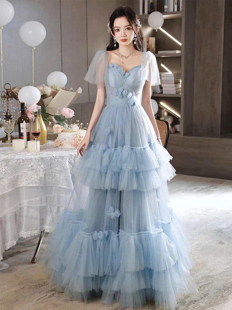 A-Line Tulle Blue Long Prom Dress, Blue Tulle Long Evening Formal Dress - Deanwangkt