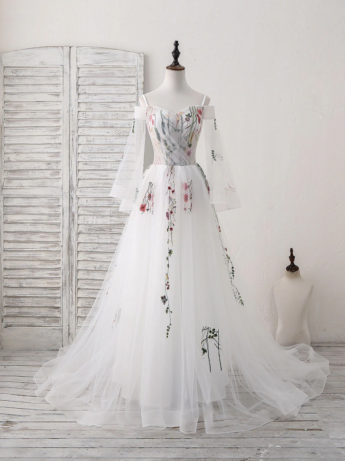 White Sweetheart Tulle Applique Long Prom Dress, White Evening Dress - Deanwangkt