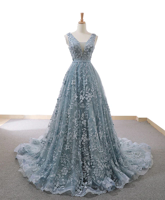 Gray Blue Tulle Lace Long Prom Dress Gray Blue Lace Evening Dress - Deanwangkt