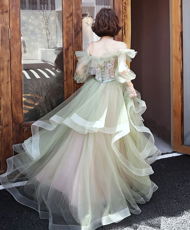Green Tulle Lace Long Prom Dress, Green Tulle Evening Dress - Deanwangkt