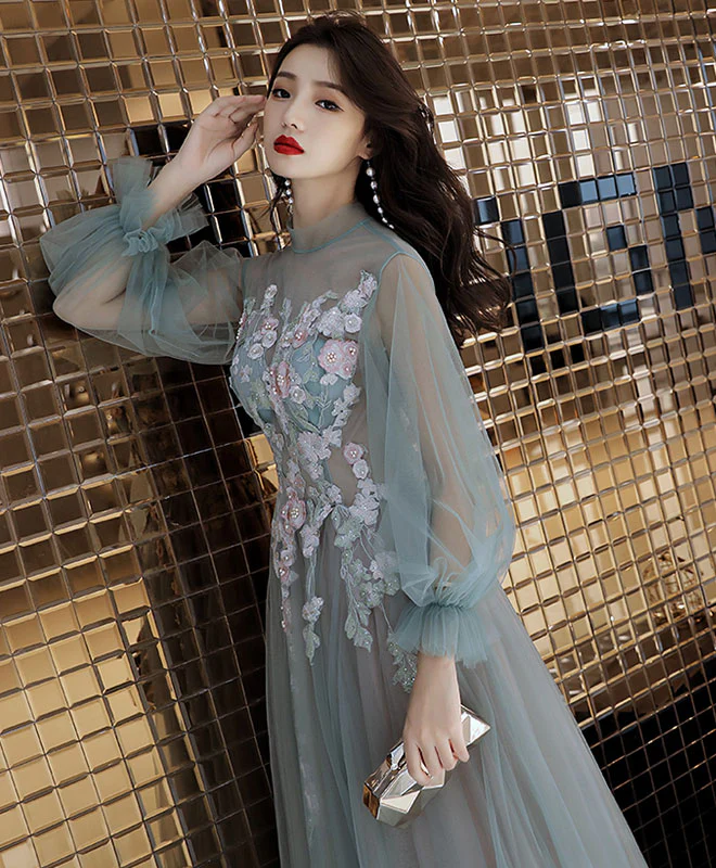 Green Tulle Lace Long Prom Dress, Green Tulle Evening Dress - Deanwangkt