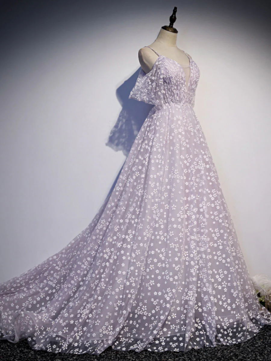 Purple tulle off shoulder long prom dress, purple evening dress - Deanwangkt