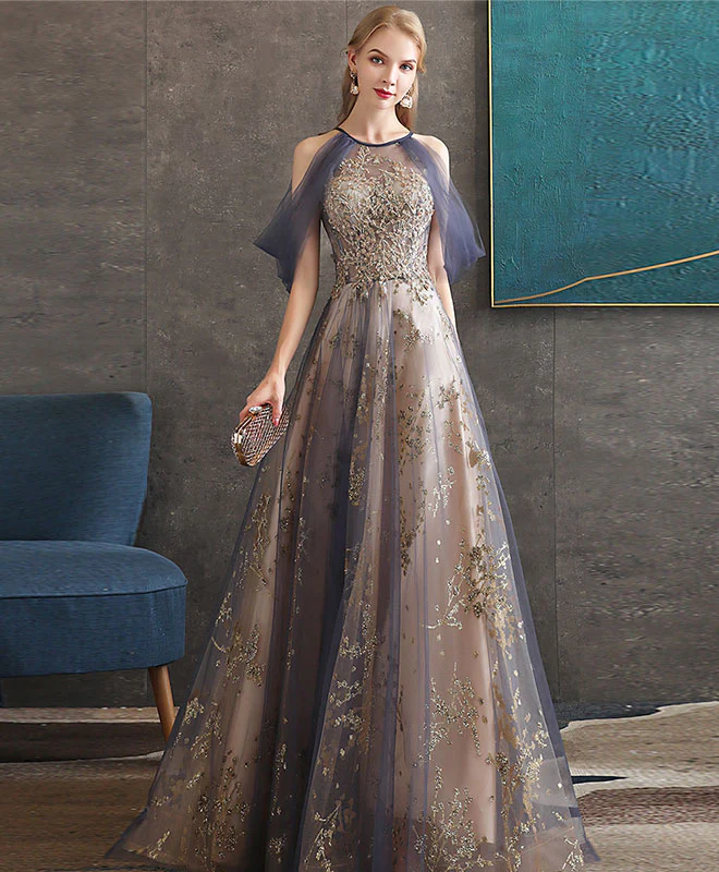 Gray Blue High Neck Tulle Lace Long Prom Dress Gray Tulle Formal Dress - Deanwangkt
