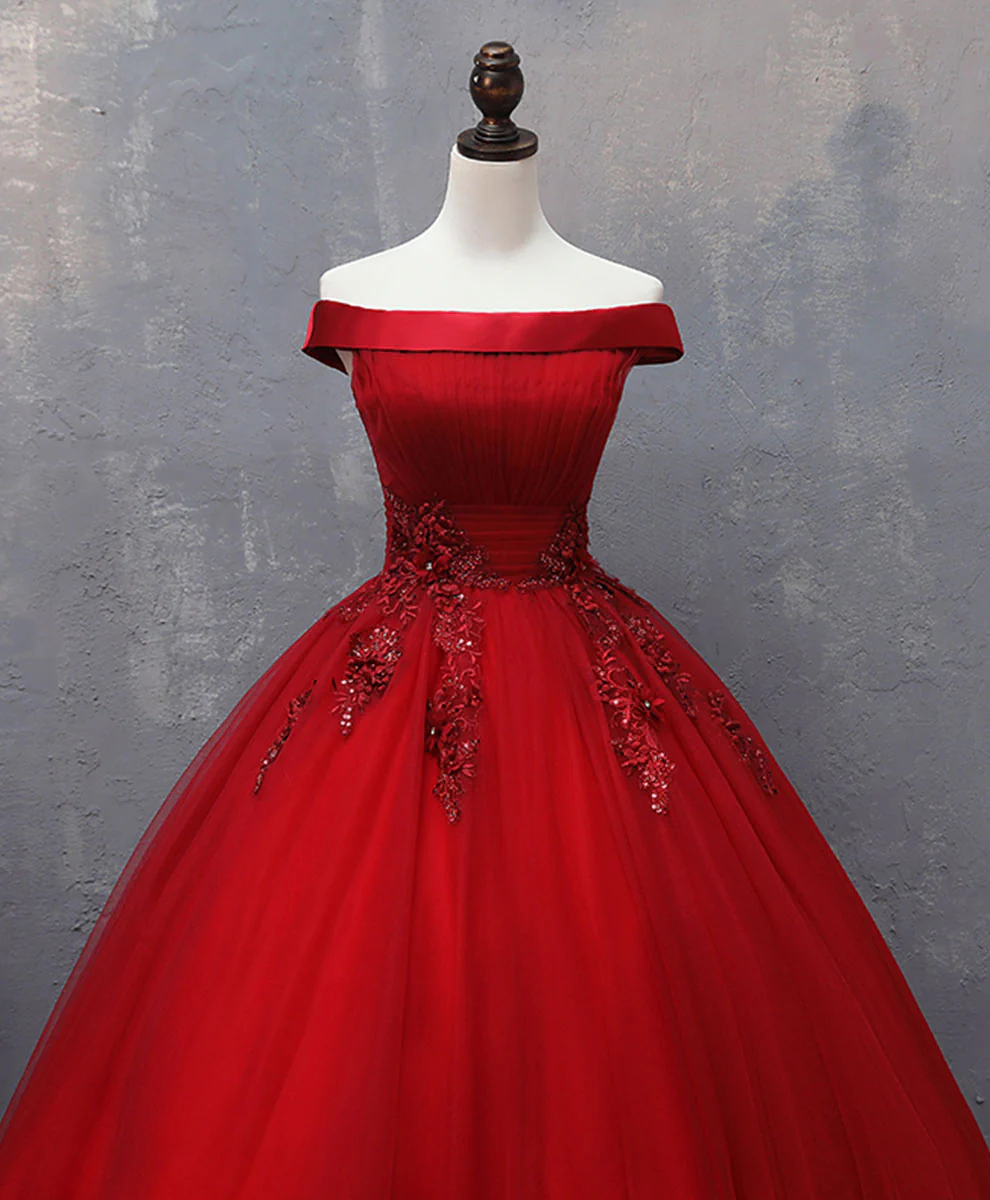 Burgundy Tulle Lace Off Shoulder Long Prom Gown Burgundy Evening Dress - Deanwangkt