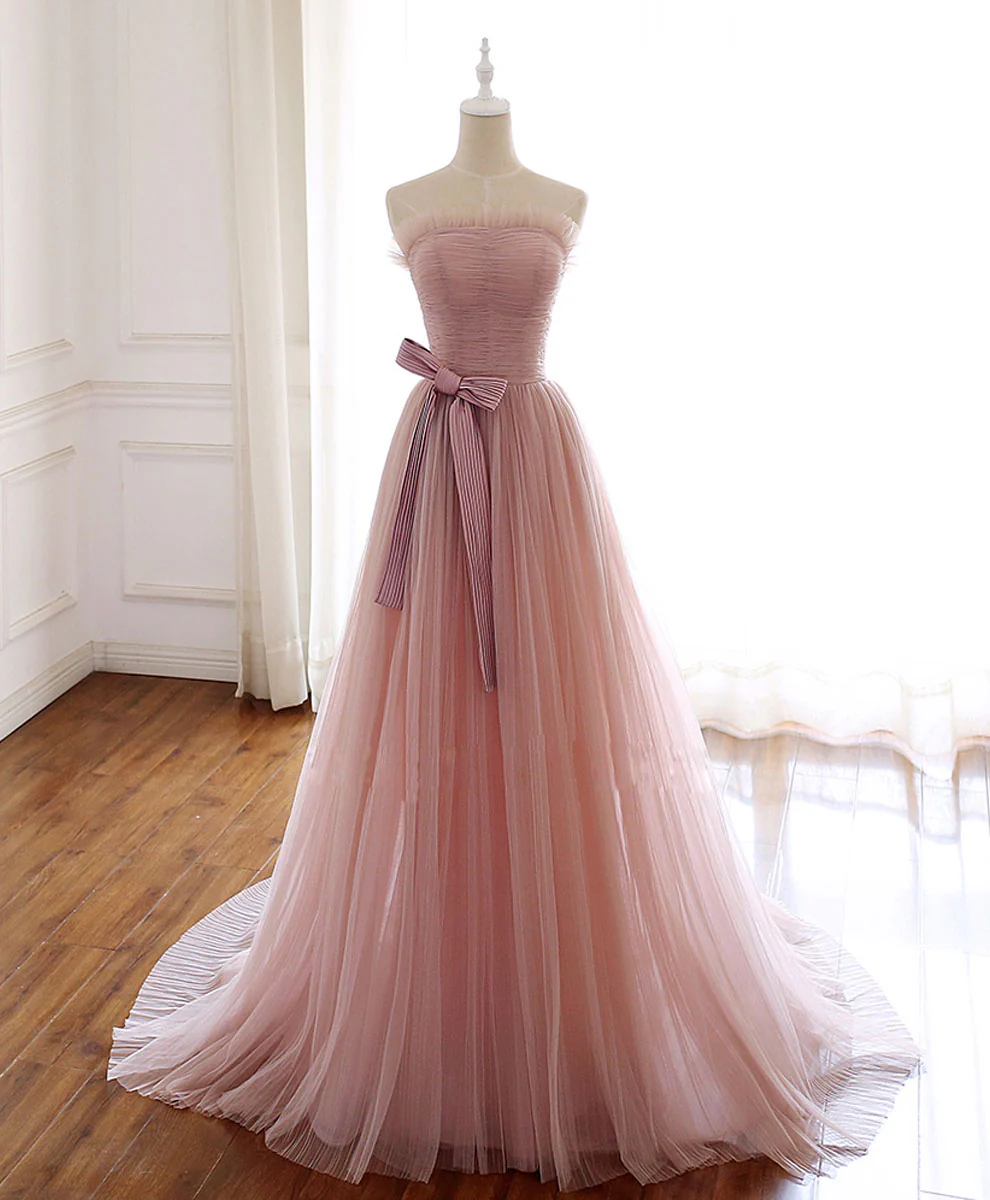 Simple Pink Tulle Long Prom Dress, Aline Pink Tulle Formal Party Dresses - Deanwangkt