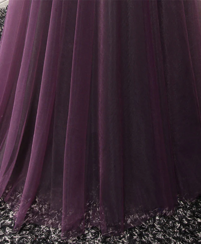 Purple Tulle Lace Off Shoulder Long Prom Dress, Purple Evening Dress - Deanwangkt