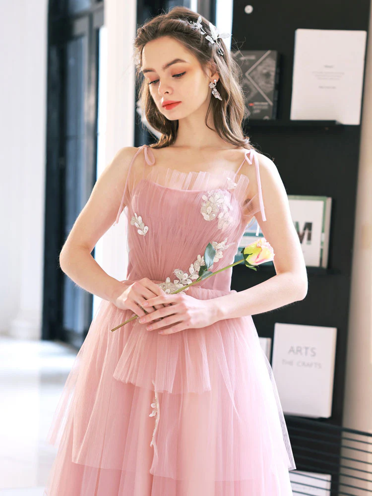 Pink Tulle A line Long Prom Dress, Pink Tulle Evening Dresses - Deanwangkt