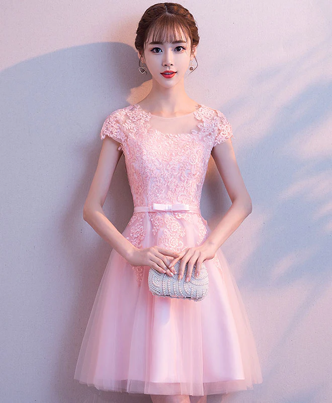 Pink Round Neck Tulle Lace Short Prom Dress Pink Homecoming Dress - Deanwangkt