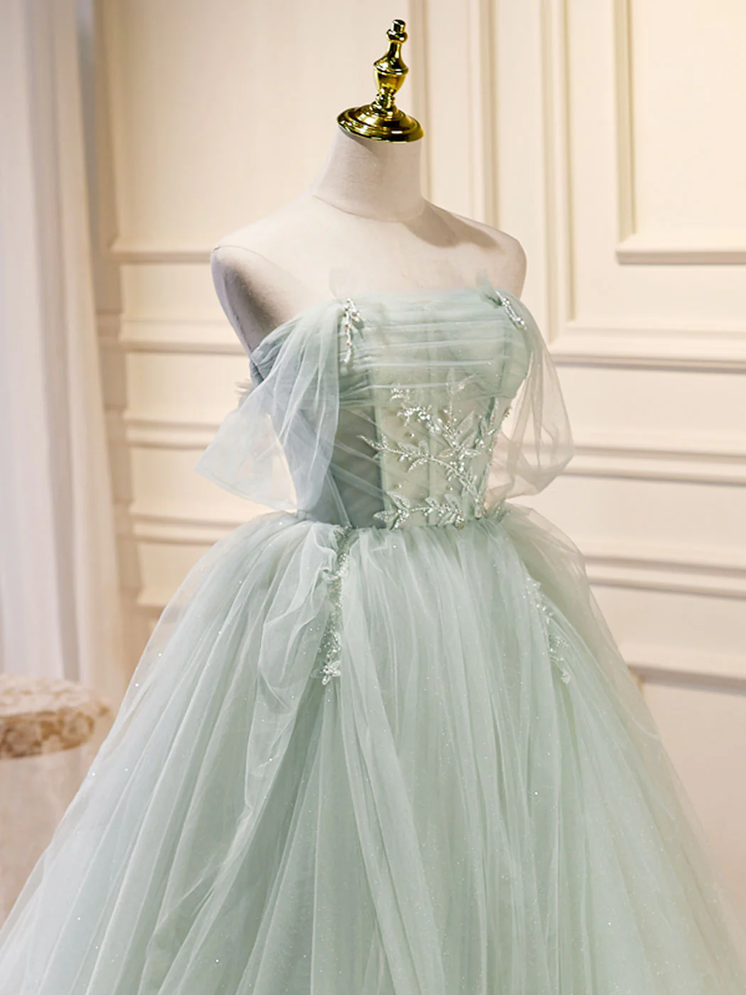 A-Line Off Shoulder Tulle Green Long Prom Dresses, Green Formal Dress with Beading - Deanwangkt
