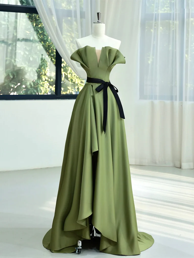 A-Line Satin Green Long Prom Dress, Green Long Formal Dress - Deanwangkt