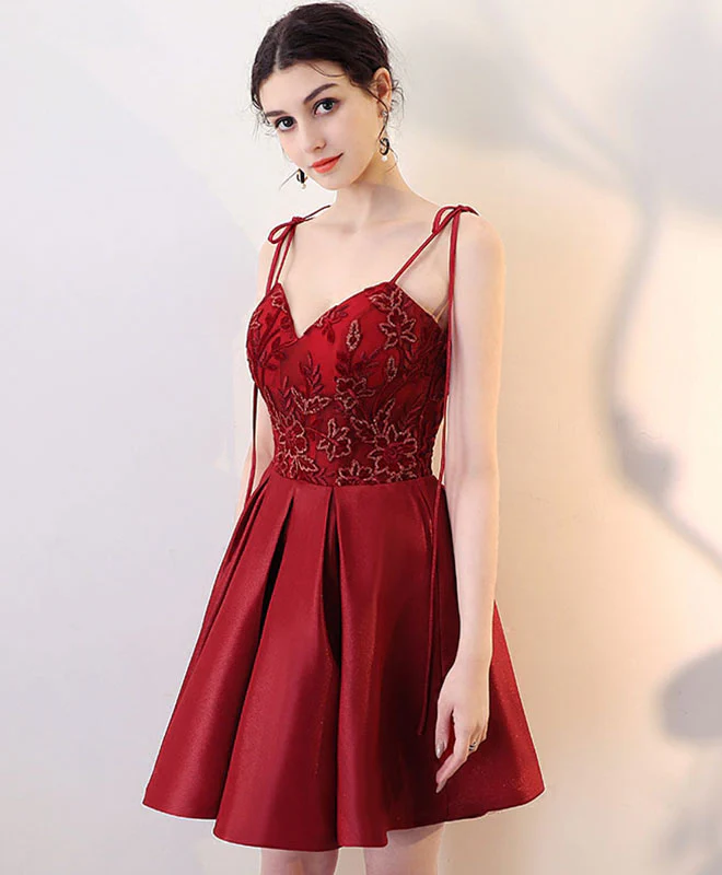 Burgundy V Neck Lace Short Prom Dress, Homecoming Dress - Deanwangkt