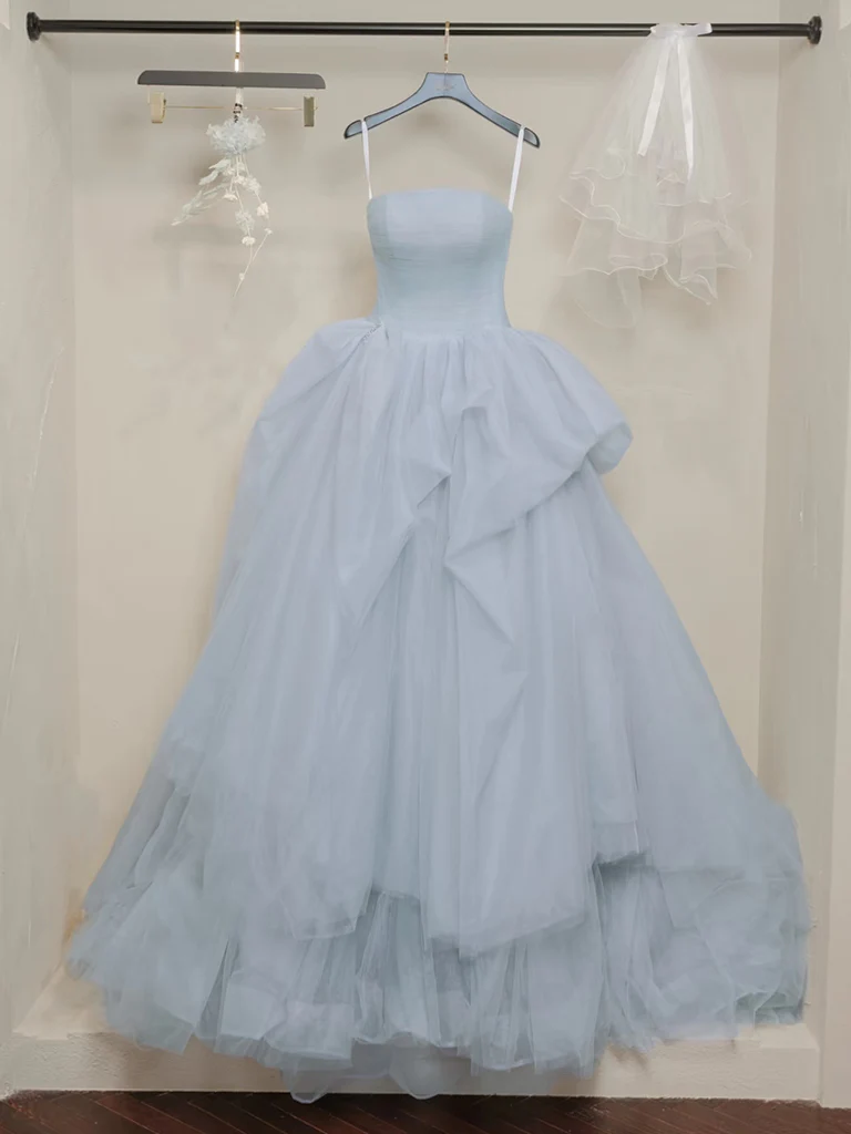 A-Line Tulle Gray Blue Long Prom Dress, Gray Blue Long Evening Dress - Deanwangkt