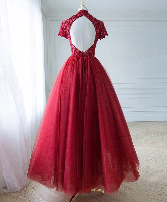 Burgundy Tulle Lace Long Prom Dress, Tulle Lace Evening Dress - Deanwangkt