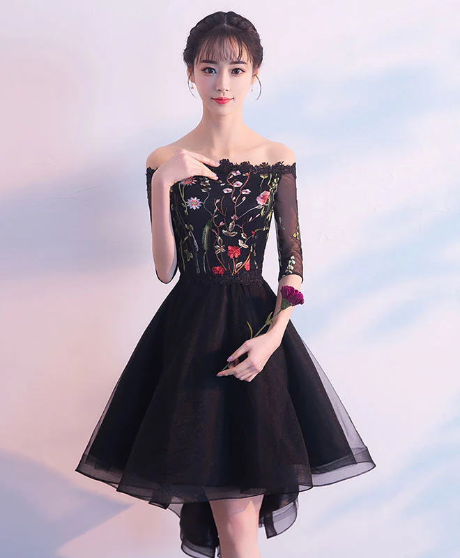 Black Tulle Lace Short Prom Dress, Black Evening Dress - Deanwangkt