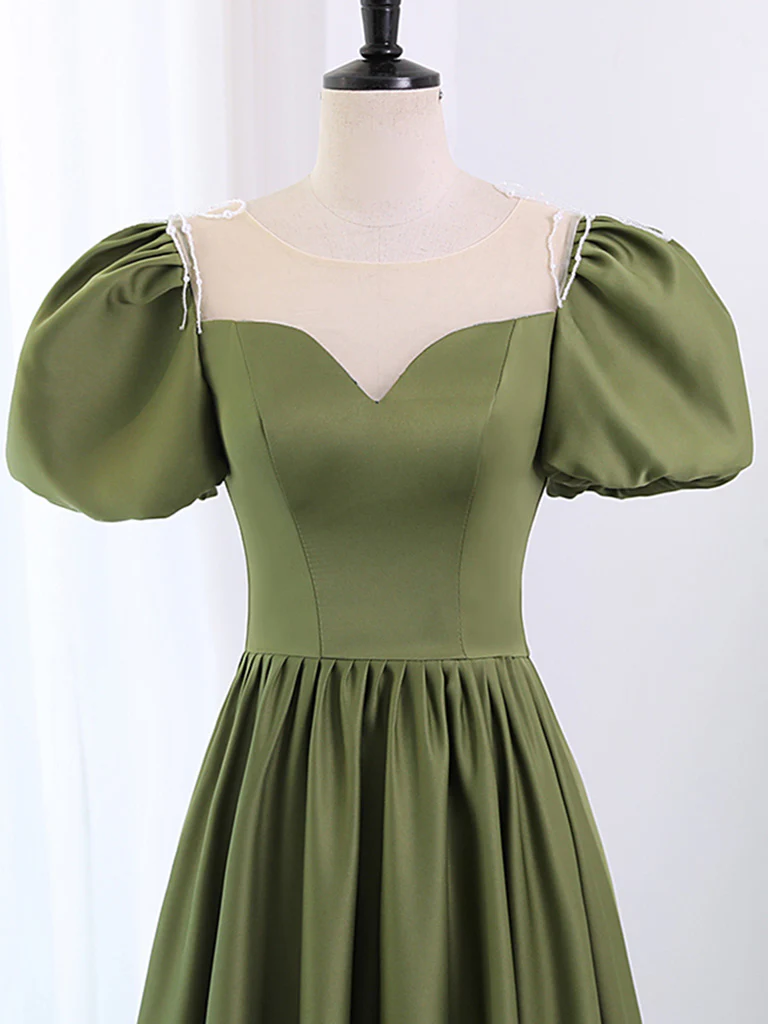 A-Line Scoop Neckline Puff Sleeves Satin Long Green Prom Dress, Green Formal Dress - Deanwangkt
