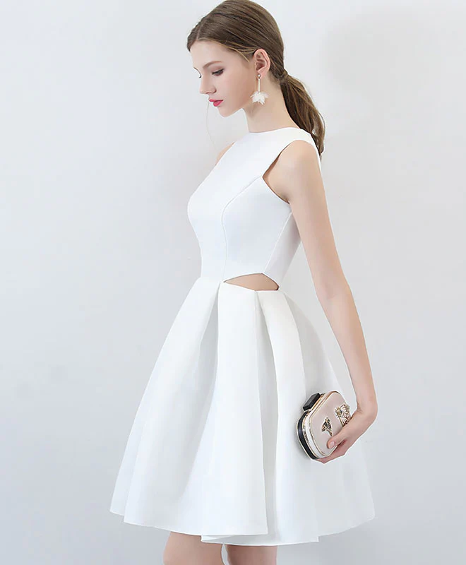 Simple White Satin Short Prom Dress, White Homecoming Dress - Deanwangkt