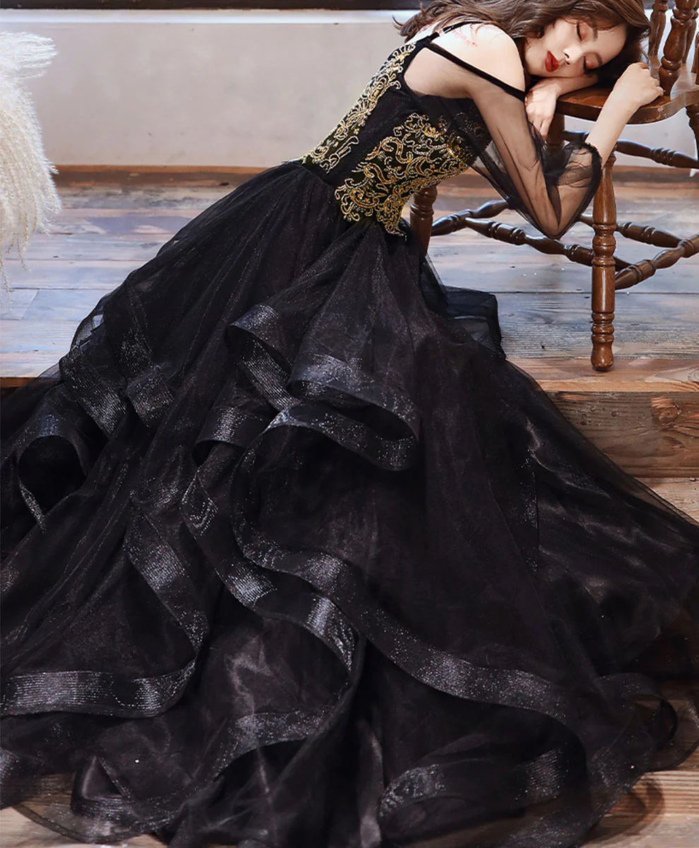 Black Tulle Lace Long Prom Dress Black Tulle Formal Dress - Deanwangkt