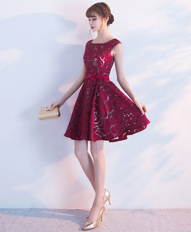 Burgundy Lace Short Prom Dress, Lace Bridesmaid Dress - Deanwangkt
