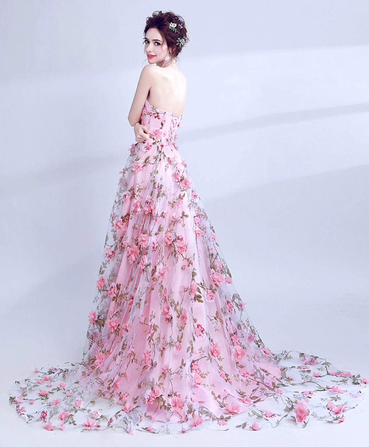 Pink Tulle 3D Flowers Long Prom Dress, Pink Long Graduation Dresses - Deanwangkt