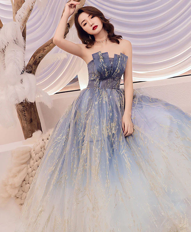 Unique Blue Tulle Long Prom Dress, Blue Evening Graduation Dresses - Deanwangkt