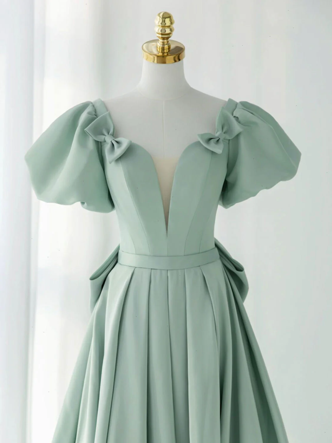 A-Line Puff Sleeves Green Long Prom Dress, Green Formal Dress - Deanwangkt