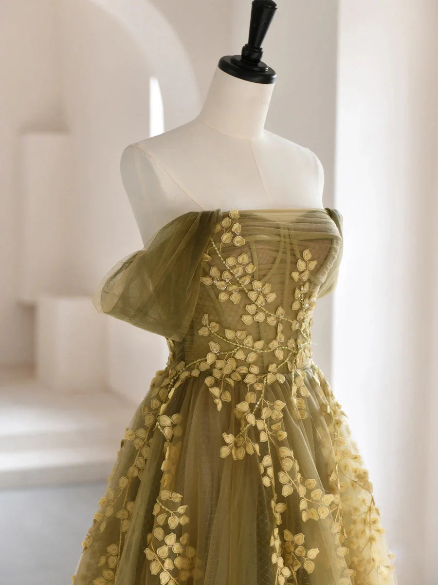 A-Line Off Shoulder Tulle Lace Long Prom Dress, Green Tulle Formal Evening Dress - Deanwangkt