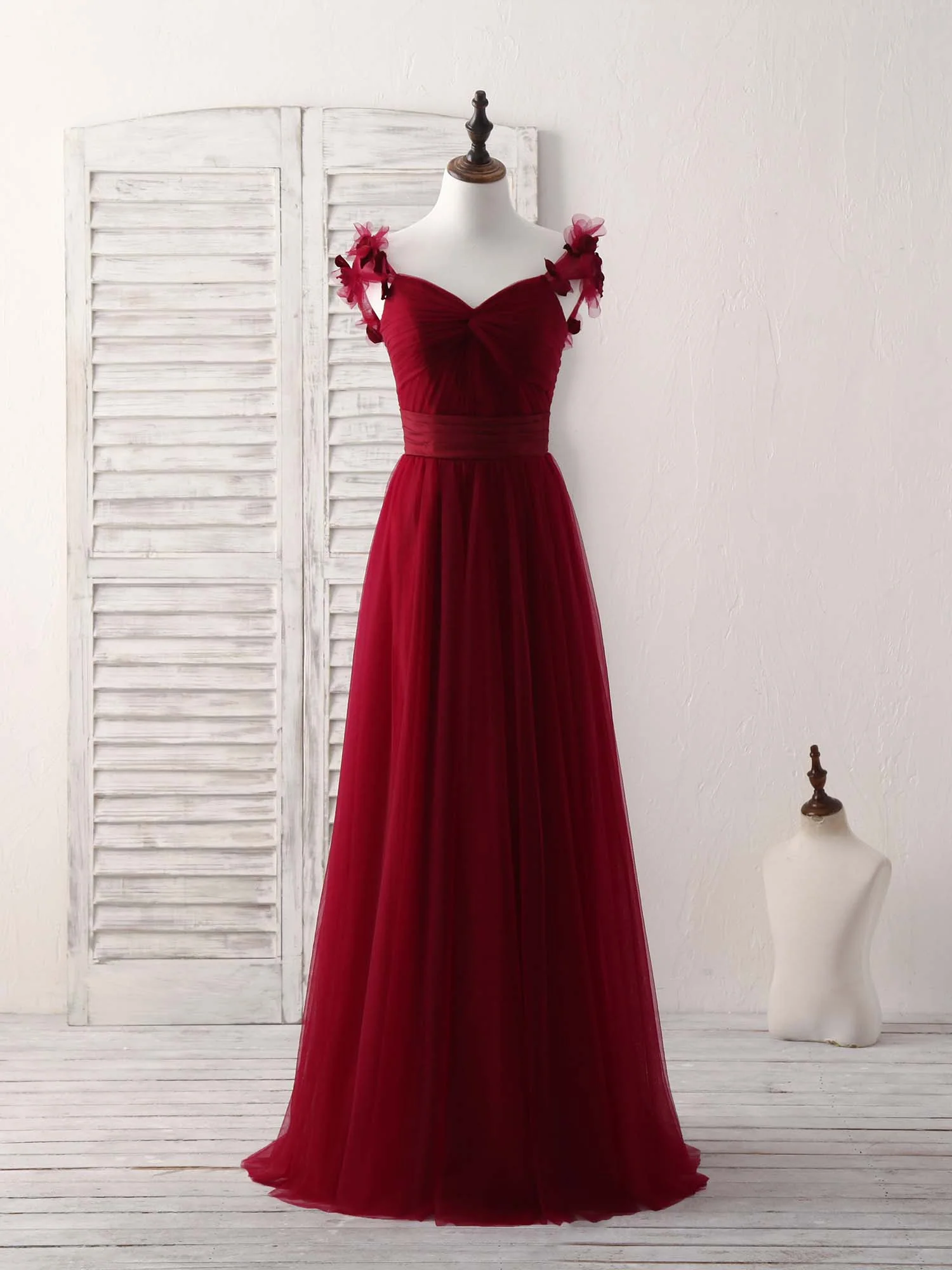 Simple Burgundy Tulle Long Prom Dress Burgundy Bridesmaid Dress - Deanwangkt
