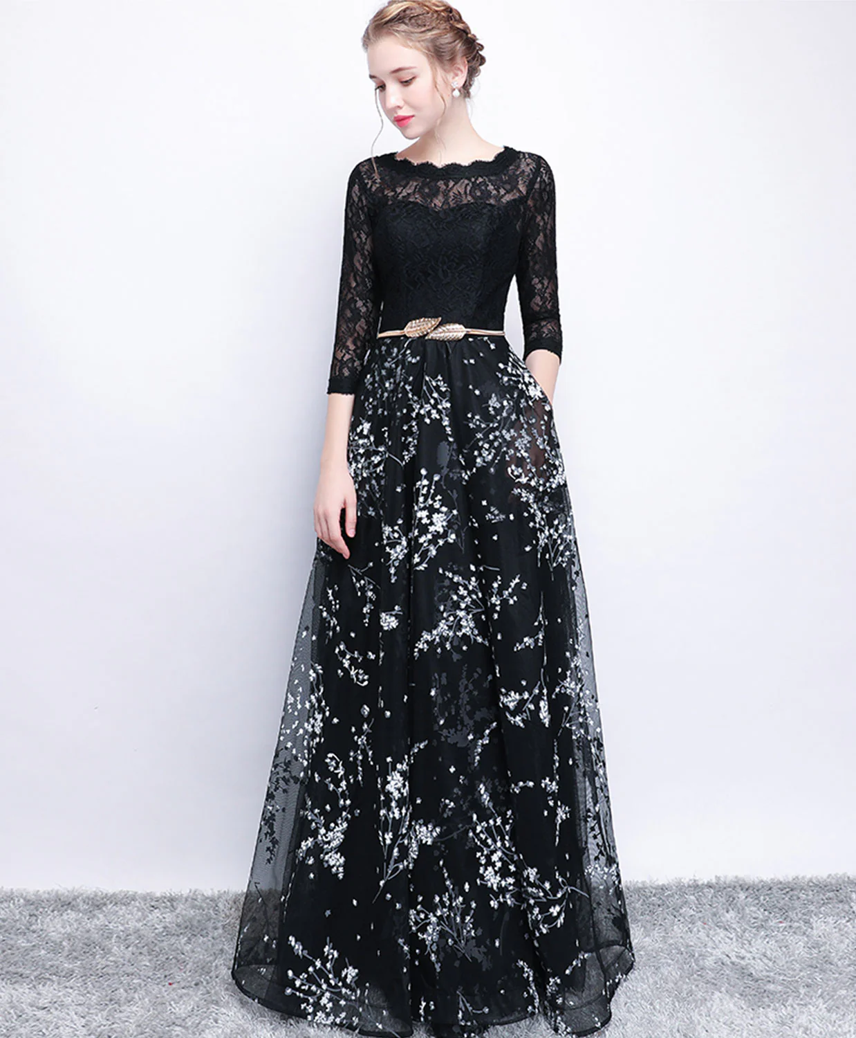 Black Lace Long Prom Dress, Long Sleeve Evening Party Dress - Deanwangkt