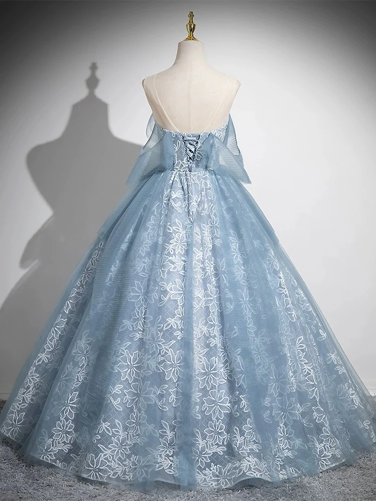 A-Line Sweetheart Neck Tulle Lace Gray Blue Long Prom Dress, Gray Blue Evening Dress - Deanwangkt