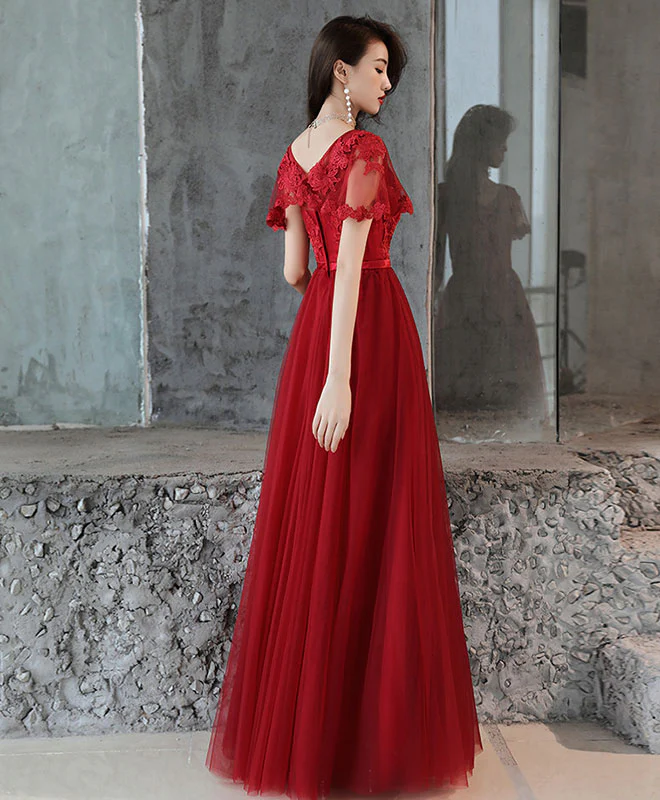 Simple Tulle Lace Long Prom Dress, Burgundy Bridesmaid Dress - Deanwangkt