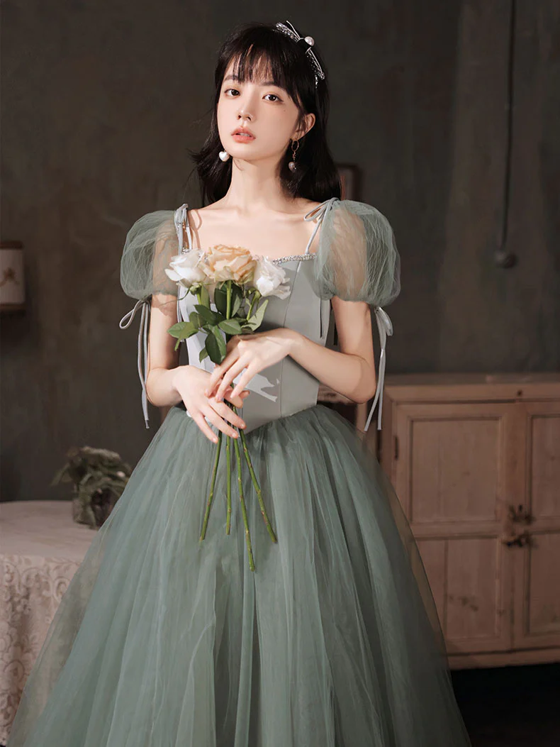Gray Green Tulle Long Prom Dress, Green Tulle Formal Dress - Deanwangkt
