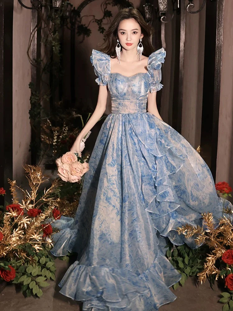 A-Line Off Shoulder Tulle Blue Long Prom Dress, Blue Long Formal Dress - Deanwangkt