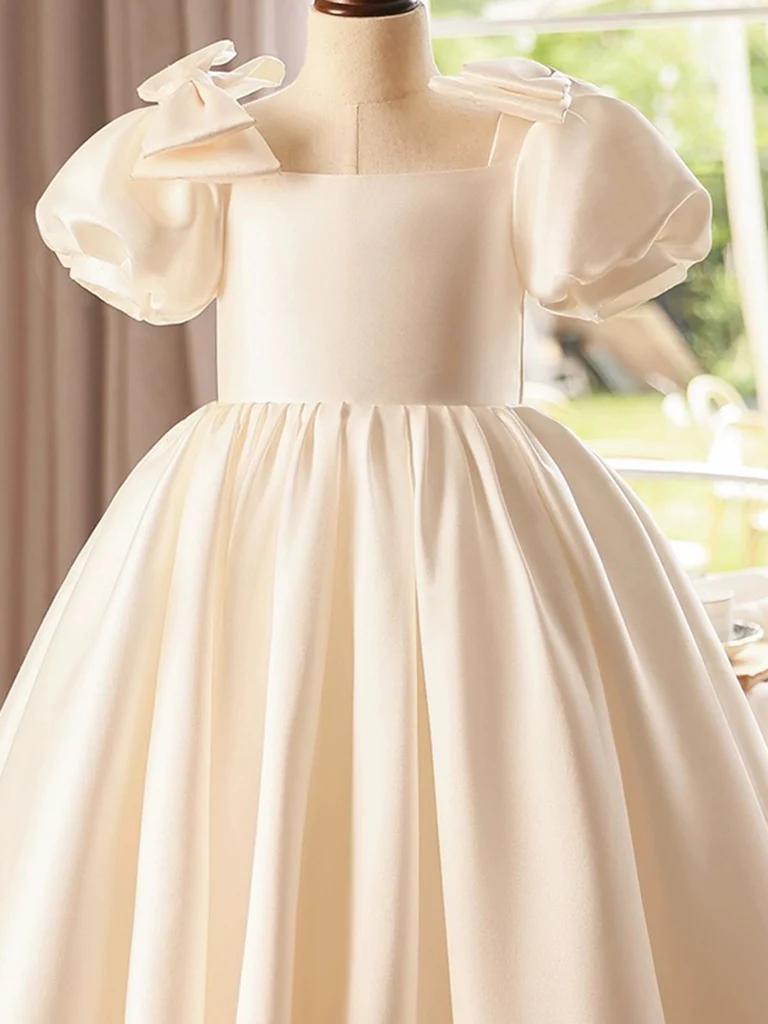 A-Line Puff Sleeves Satin Beige Flower Girl Dress - Deanwangkt