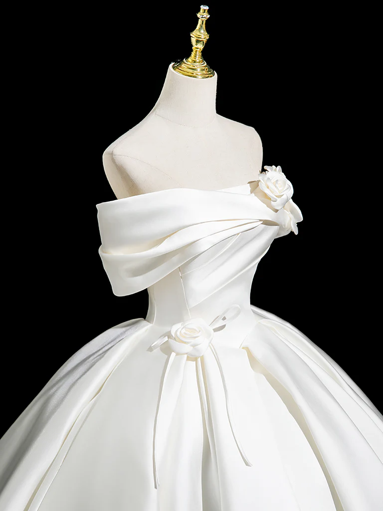 A-Line Off Shoulder Satin White Long Prom Dress, White Long Formal Dress - Deanwangkt