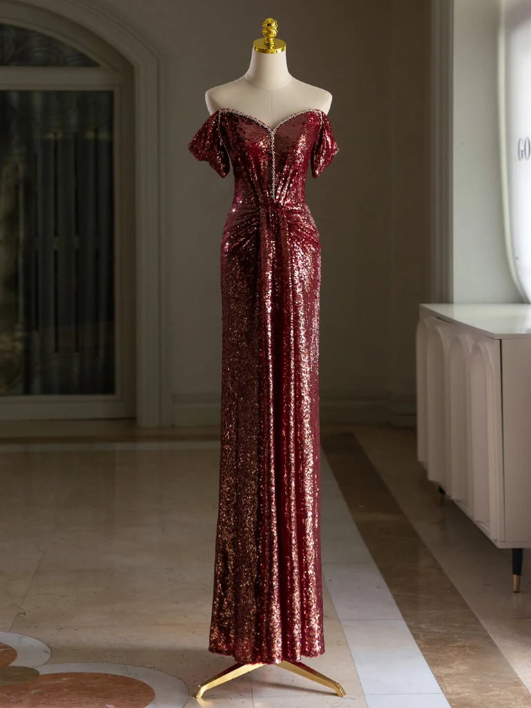 Simple Off Shoulder Sequin Burgundy Long Prom Dress, Burgundy Long Evening Dress - Deanwangkt