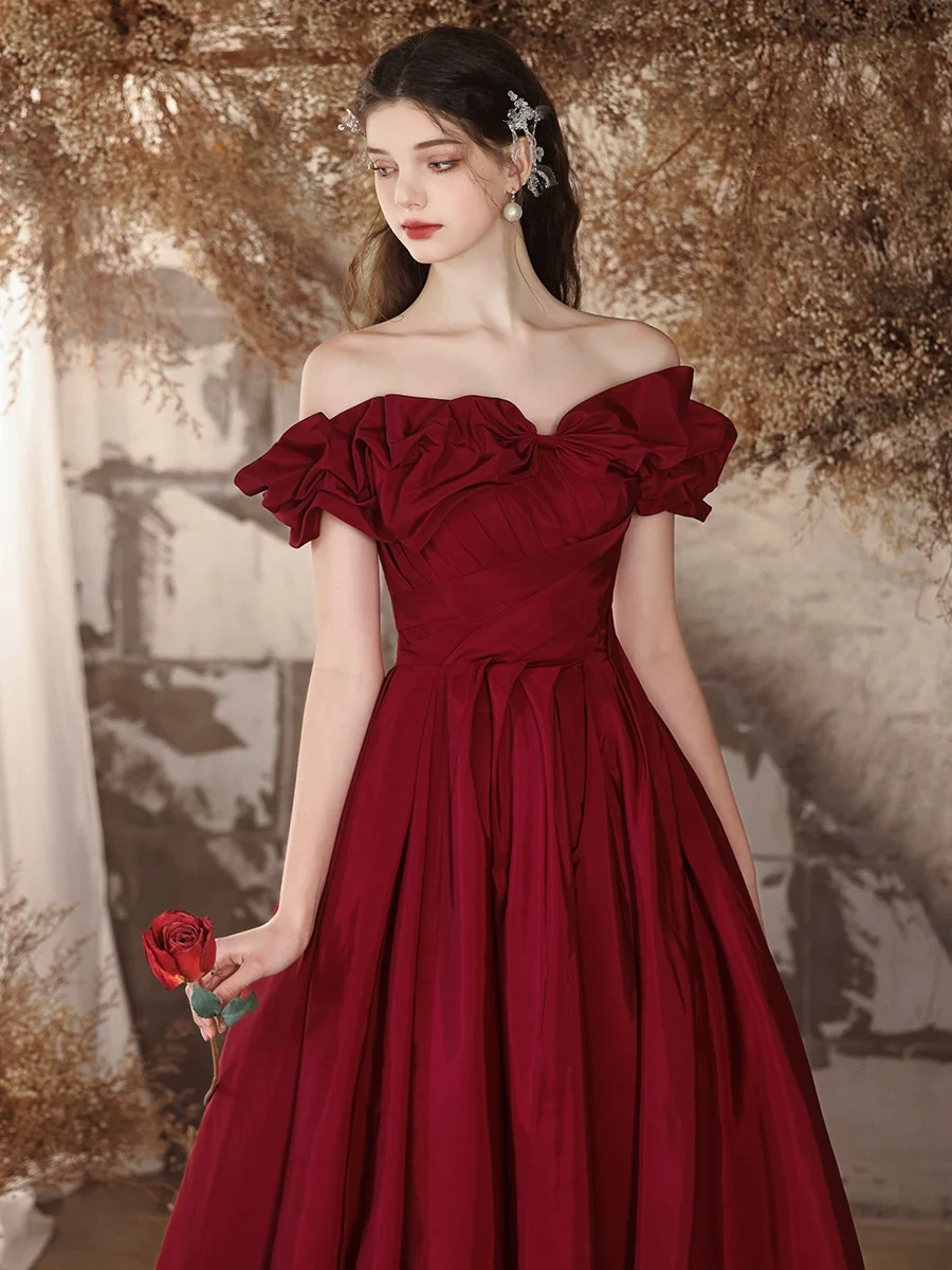 A-Line Off Shoulder Satin Burgundy Long Prom Dress, Burgundy Long Formal Dress - Deanwangkt