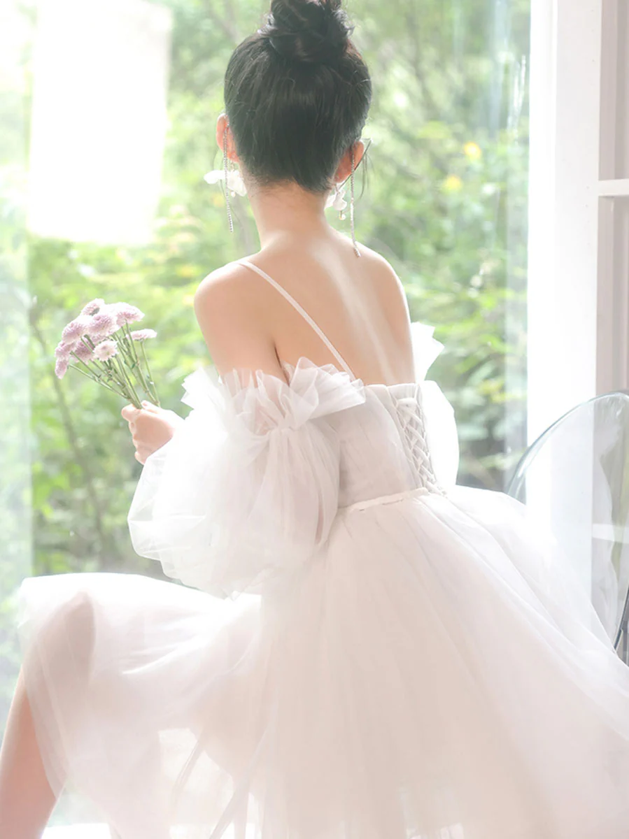 White Sweetheart Neck Tulle Short Prom Dress, Cute White Homecoming Dresses - Deanwangkt