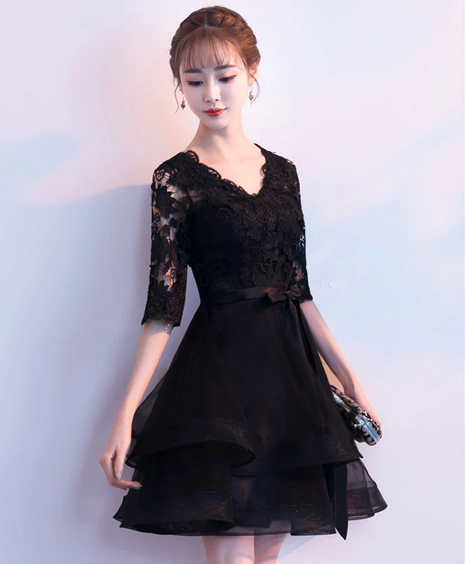 Black V Neck Lace Tulle Short Prom Dress, Black Homecoming Dress - Deanwangkt
