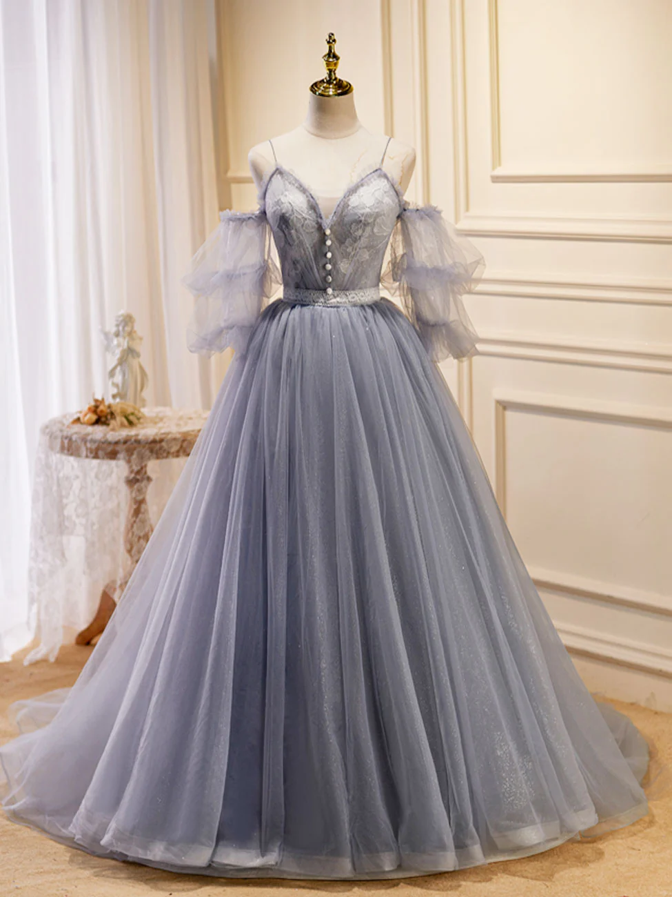 Gray Blue A-Line Tulle Lace Long Prom Dresses, Gray Blue Formal Graduation Dress - Deanwangkt