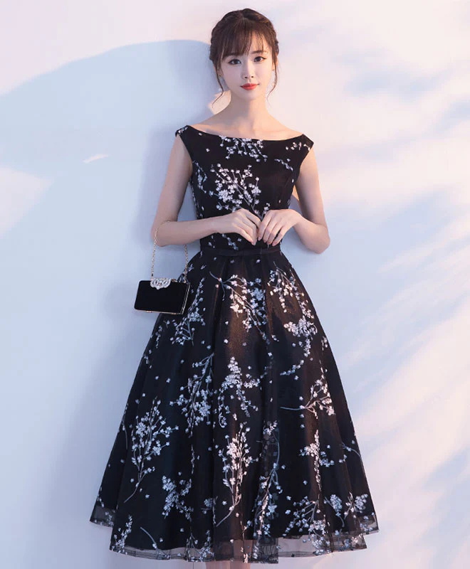 Simple Black Tulle Tea Length Prom Dress, Black Evening Dress - Deanwangkt