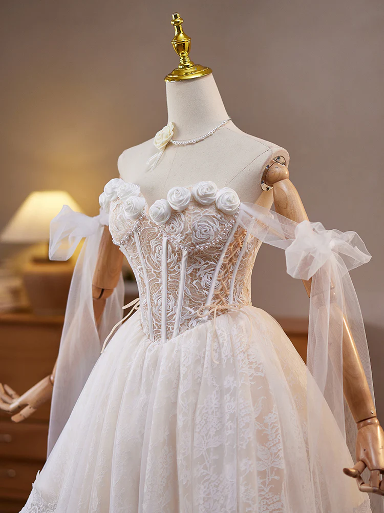A-Line Off Shoulder Tulle Lace Beige Short Prom Dress, Beige Homecoming Dress - Deanwangkt