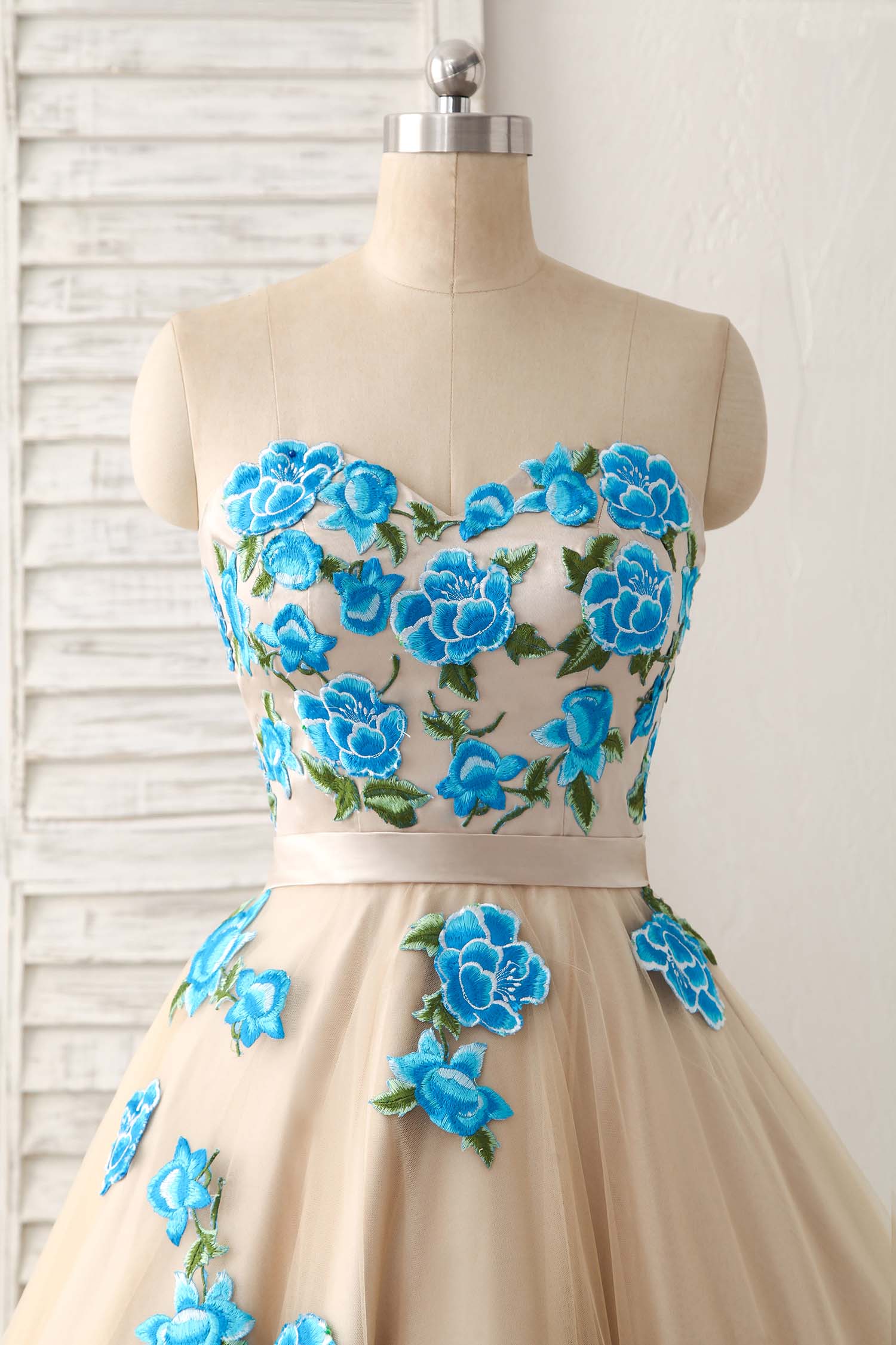 Champagne Tulle Lace Applique Long Prom Dress, Champagne Evening Dress - Deanwangkt