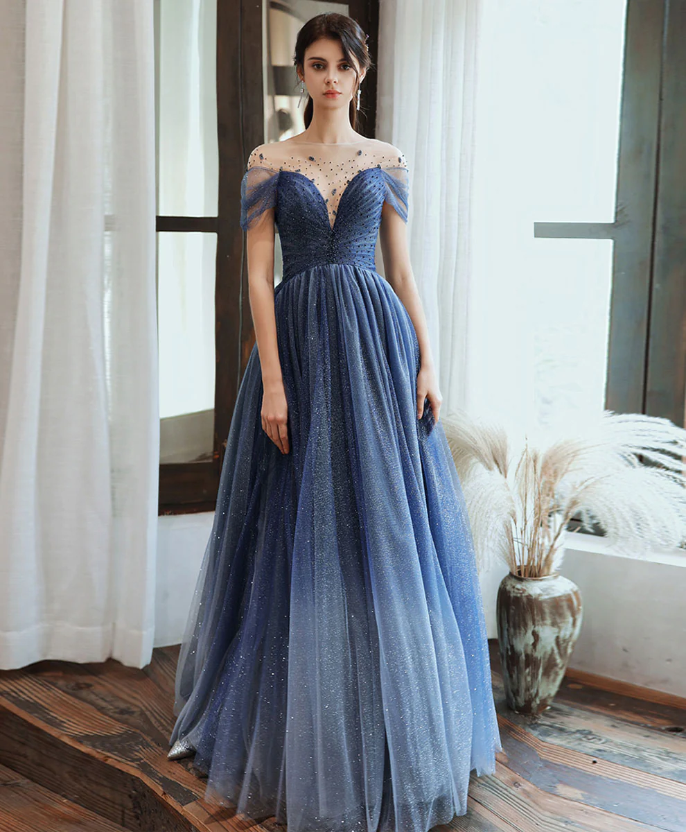 Blue Tulle Off Shoulder Sequin Long Prom Dress Blue Evening Dress - Deanwangkt