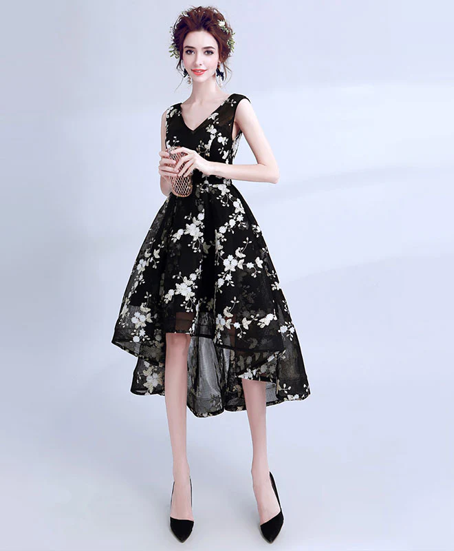 Black V Neck Lace Short Prom Dress, High Low Evening Dress - Deanwangkt